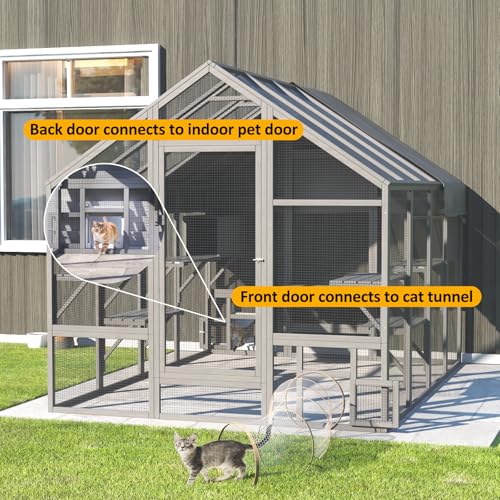 Large Catio Outdoor Cat Enclosure with 7 Platforms, 2 Resting Box and 2 Bridges, 71 x 71 x 97 inch V253199