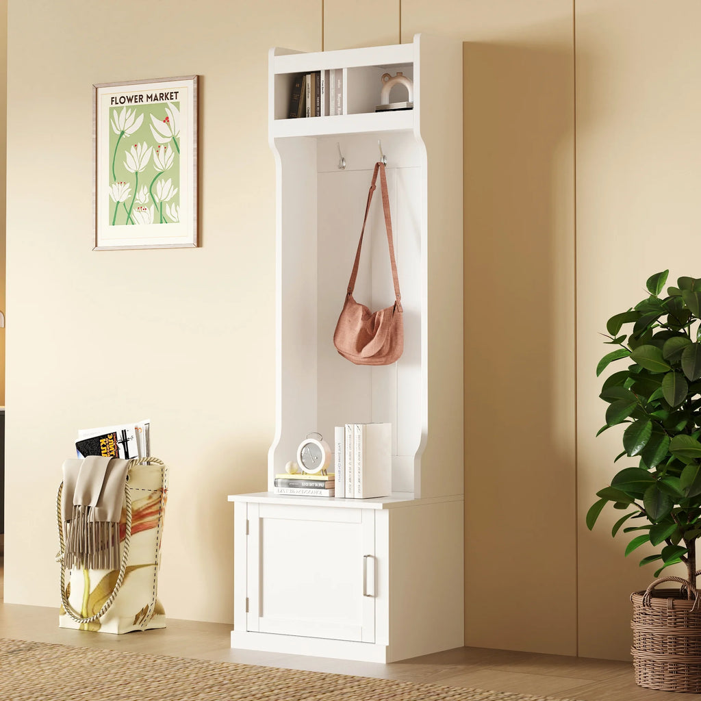 White Slim Hall Tree with Cabinet & 6 Hanging Hooks Storage Bench with Coat Rack K427
