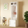 White Slim Hall Tree with Cabinet & 6 Hanging Hooks Storage Bench with Coat Rack K427
