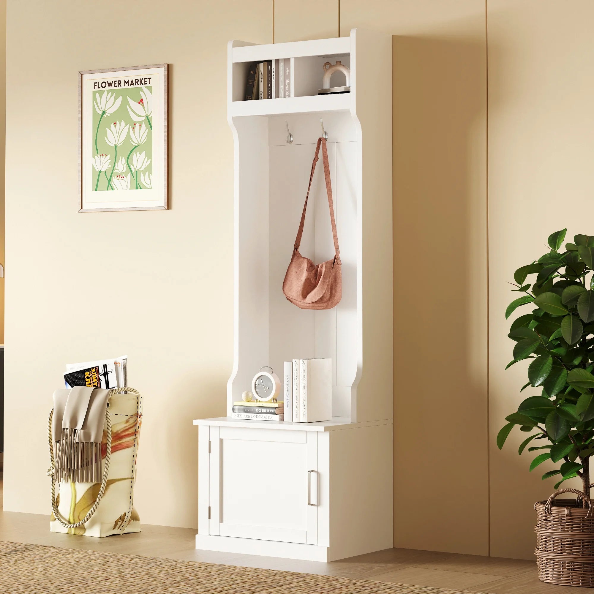 White Slim Hall Tree with Cabinet & 6 Hanging Hooks Storage Bench with Coat Rack K427