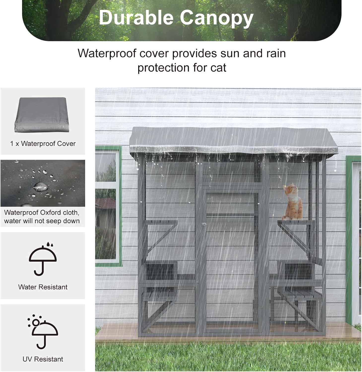 Large Wooden Cat Enclosure with Sunshine Panel Roof and Waterproof Cover, 7 Platforms, 2 Resting Box, 72 inch H6611
