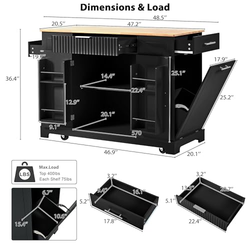 60" Kitchen Island with Drop Leaf and Power Outlet, Rolling Kitchen Cart with Trash Can Storage Cabinet A291679