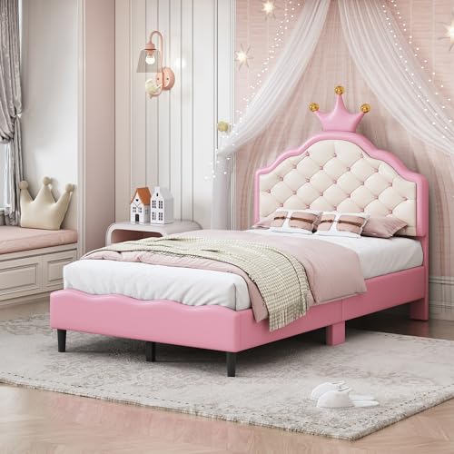 Twin Size Pink Upholstered Bed Frame with Tufted Headboard V584310