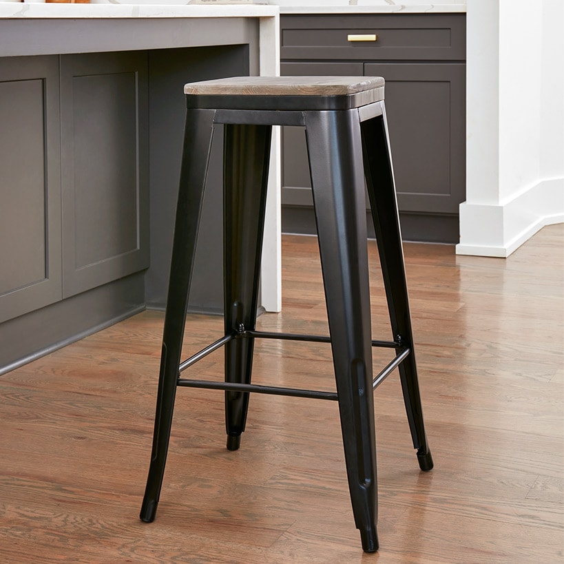 Backless Metal Barstool with Wood Square Seat - 24"H or 30"H