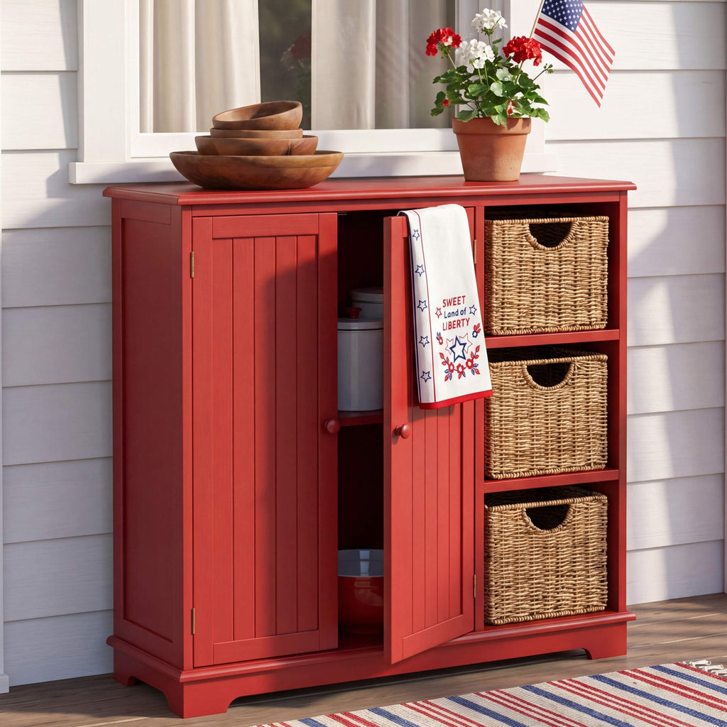 Beadboard Storage Cabinet with 3 Shelves and Cupboard