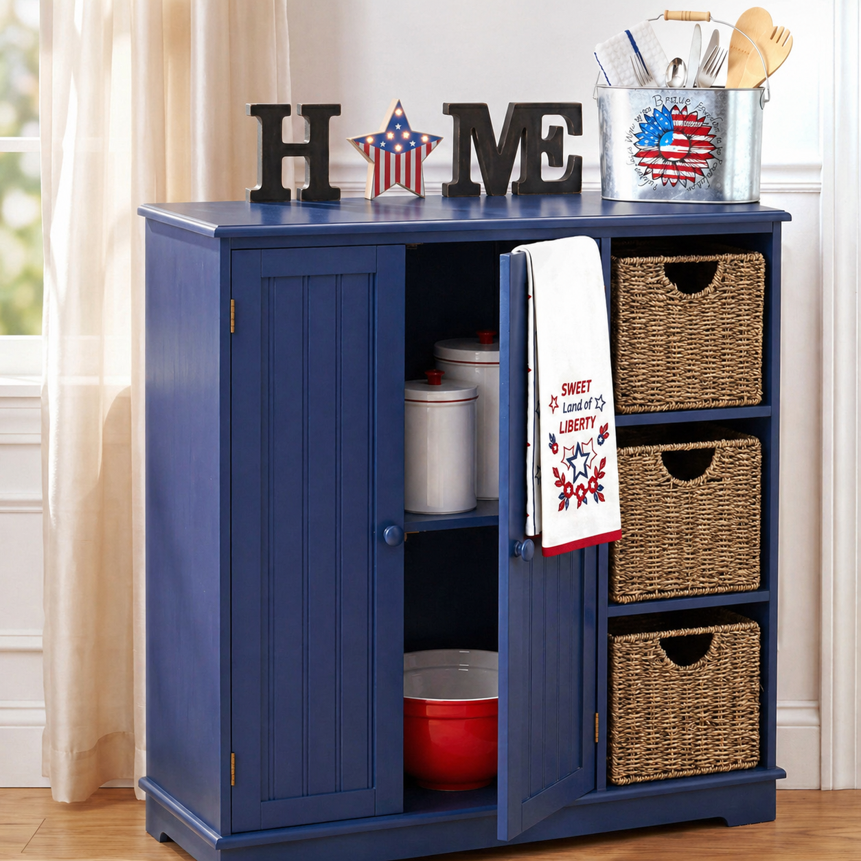 Beadboard Storage Cabinet with 3 Shelves and Cupboard