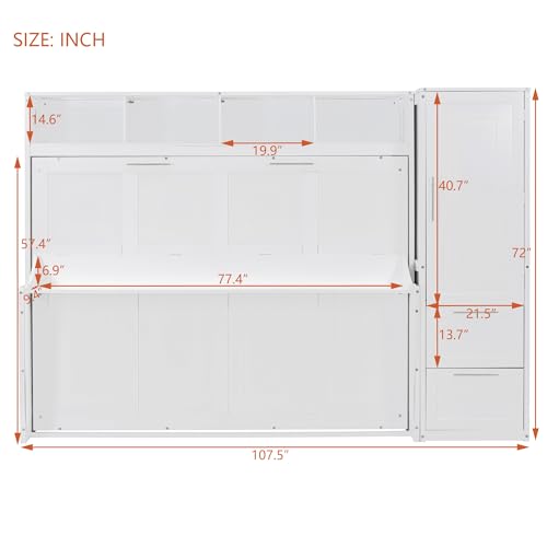 White Solid Wood Full Size Murphy Bed with Closet and Drawers O994282