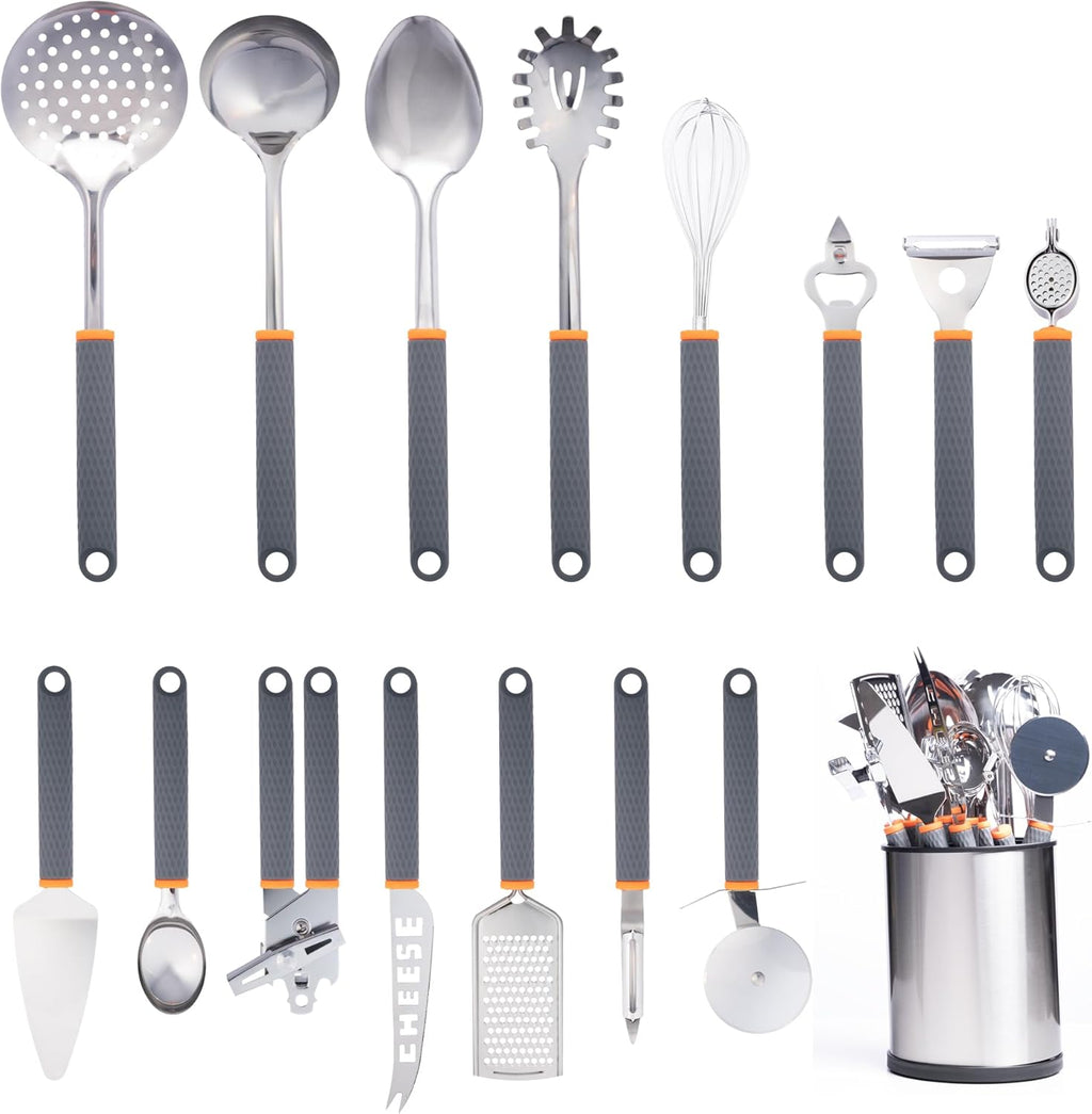 15 PCS Stainless Steel Kitchen Utensils Set with Slotted Spoon, Spaghetti Spoon Y45280