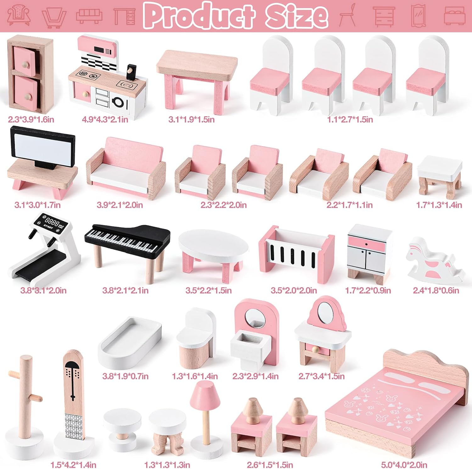 34 Pcs Wooden Dollhouse Furniture Set O55637