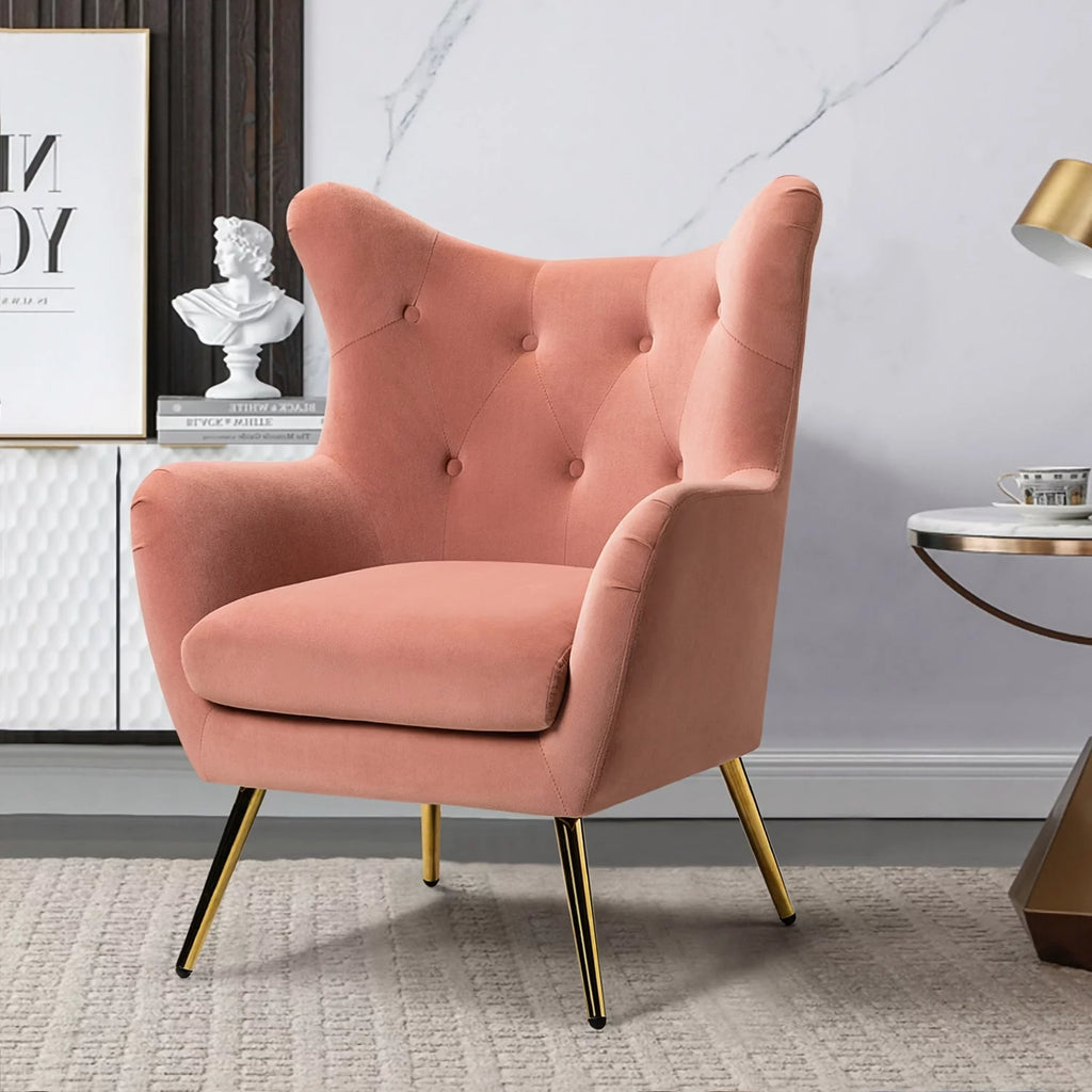 Tufted Velvet Accent Chair with Wingback and Metal Gold Legs G680467