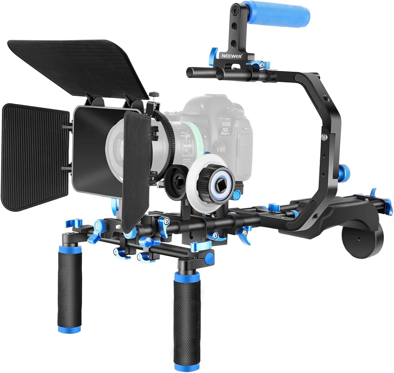 Blue + Black Shoulder Rig Kit with Matte Box, Follow Focus, 15mm Rods, Handgrip H1894