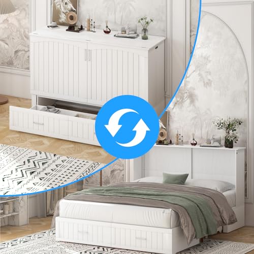 Queen Murphy Bed with Tri-fold Mattress and 2 Storage Drawer C59351