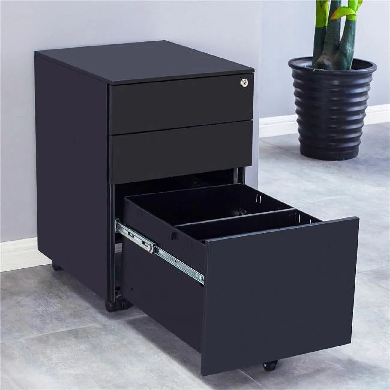 Black 3 Drawer Steel Mobile File Cabinet with Lock Y51051