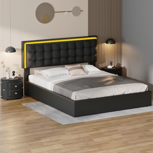 Queen Size Upholstered Bed with LED Headboard and 2 Nightstand H34923