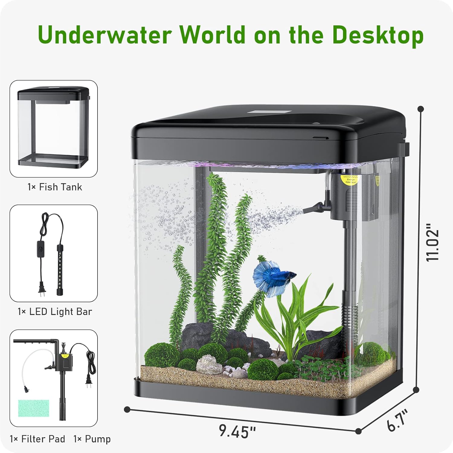 2 Gallon Glass Fish Tank with Filter Light E62363