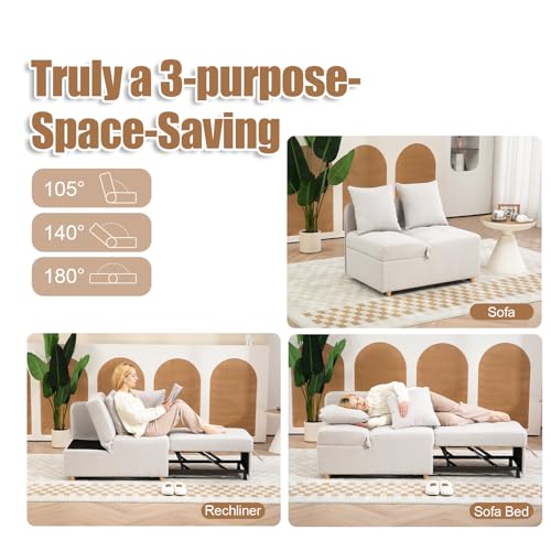 Beige 3-Seat Linen Fabric Convertible Sofa Bed with 2 Throw Pillows C38437
