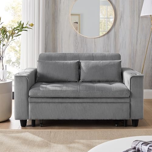 Light Grey Corduroy 3 in 1 Convertible Sleeper Sofa Bed P680