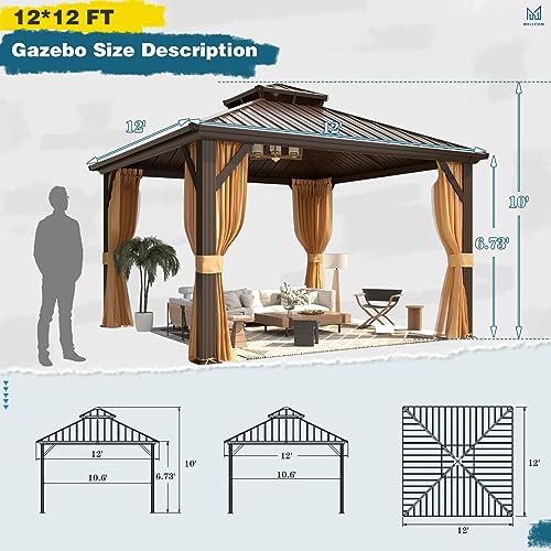 10'x13' Hardtop Gazebo with Polycarbonate Double Roof, Aluminum Frame with Curtains and Netting W47864