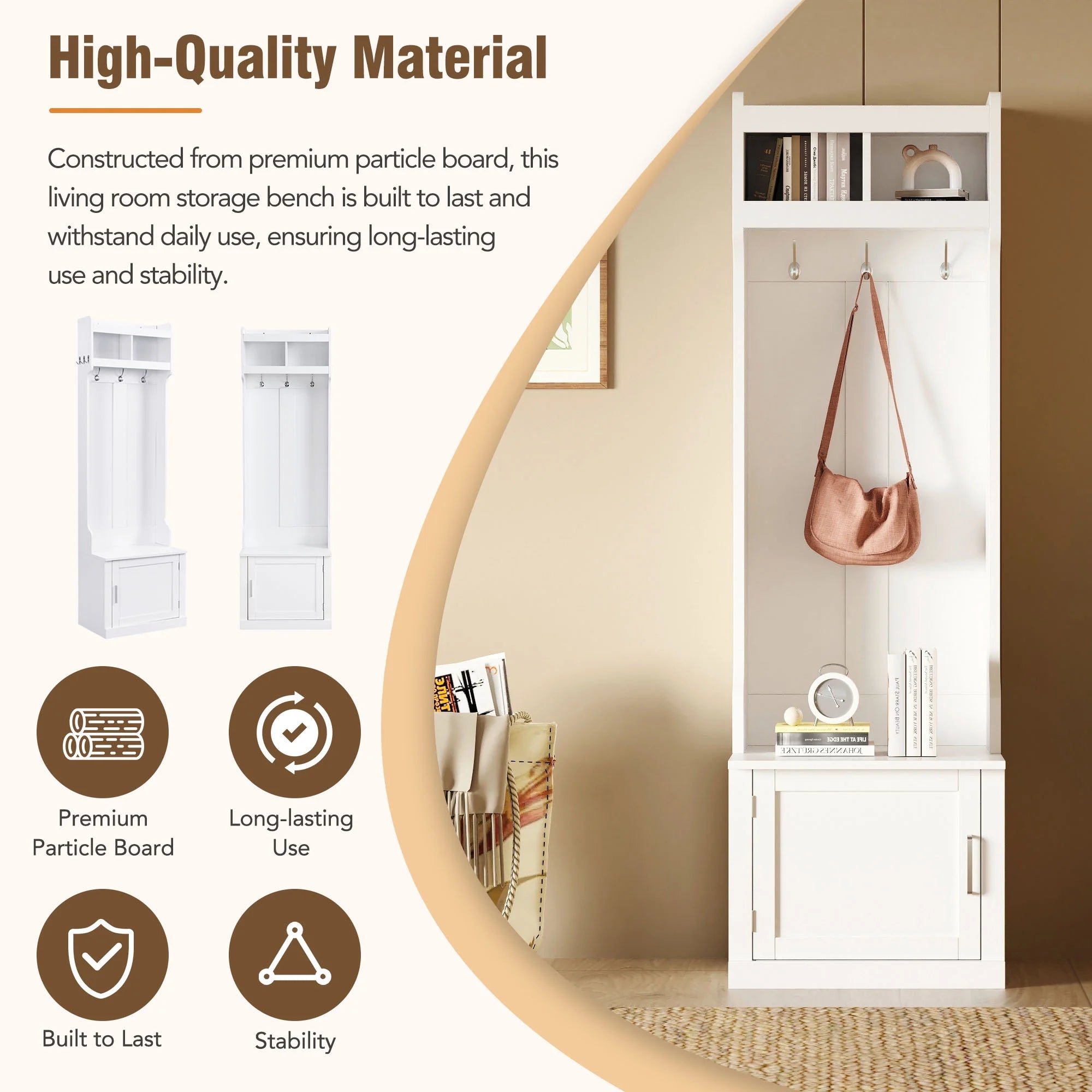 White Slim Hall Tree with Cabinet & 6 Hanging Hooks Storage Bench with Coat Rack K427