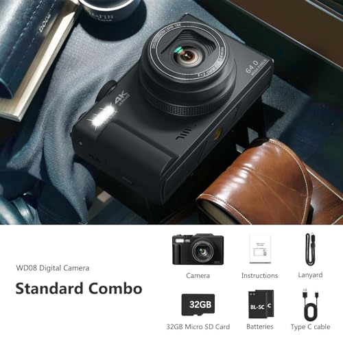 64MP Digital Camera with 3" 180° Flip Screen, 18X Digital Zoom, 32GB Micro SD Card (Black) G925546