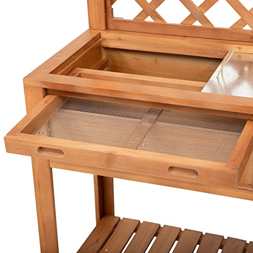 Outsunny Garden Potting Bench, Outdoor Wooden Workstation Table with Metal Screen, Drawer, Hooks, Storage Shelf, and Lattice Back E2159