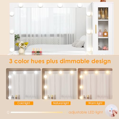 White Large Vanity Desk with Mirror and Lights, Glass Top, Stool, Power Outlet, Drawers, Cabinet T768