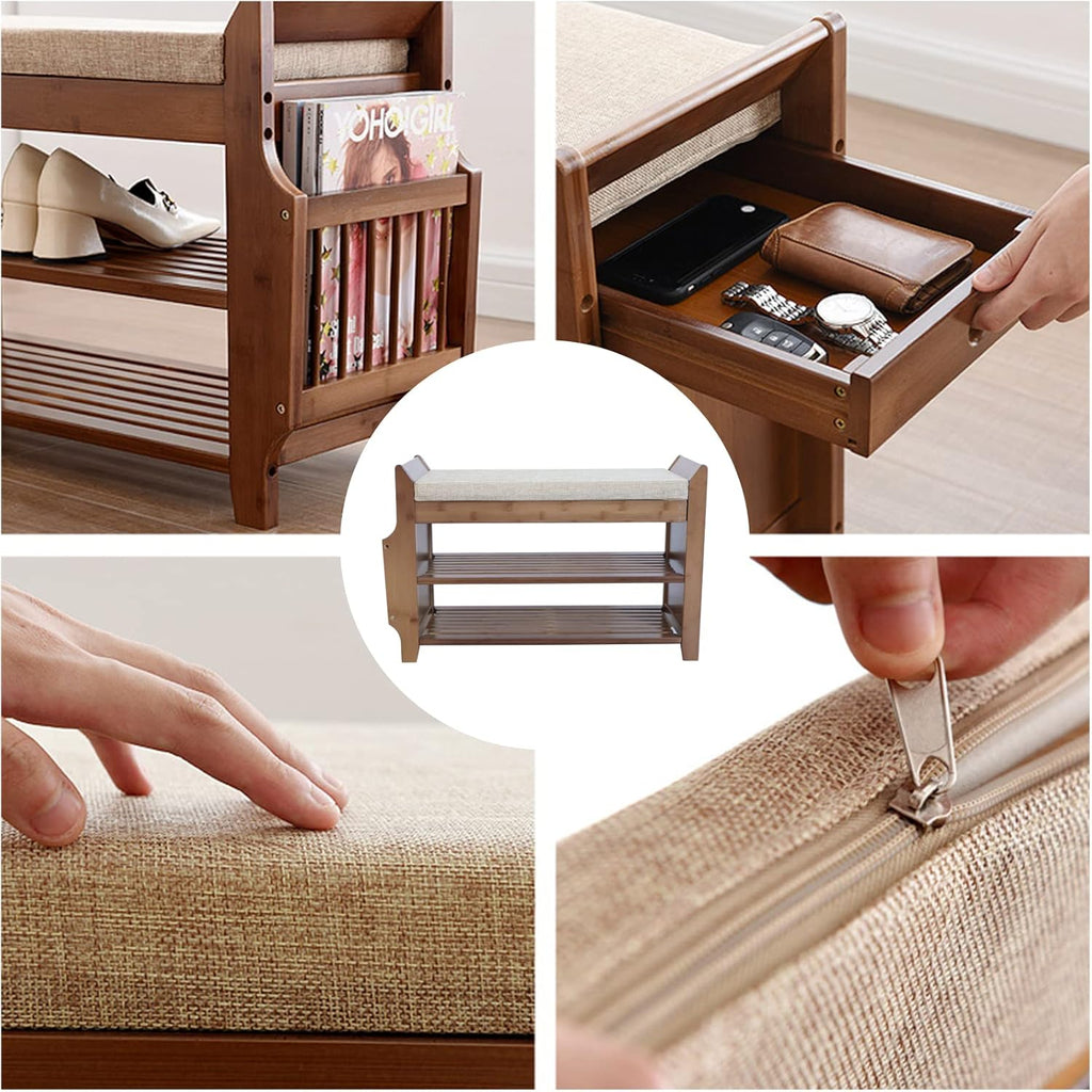 2 Tier Bamboo Shoe Bench with Seat Cushion L766
