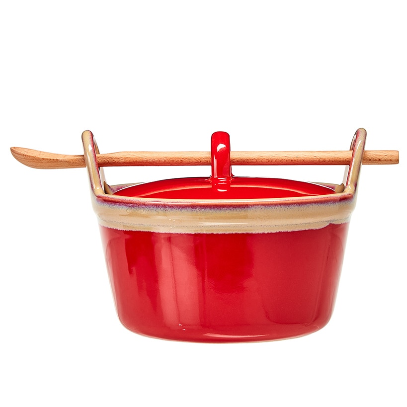 Stoneware Casserole Dish with Wooden Spoon