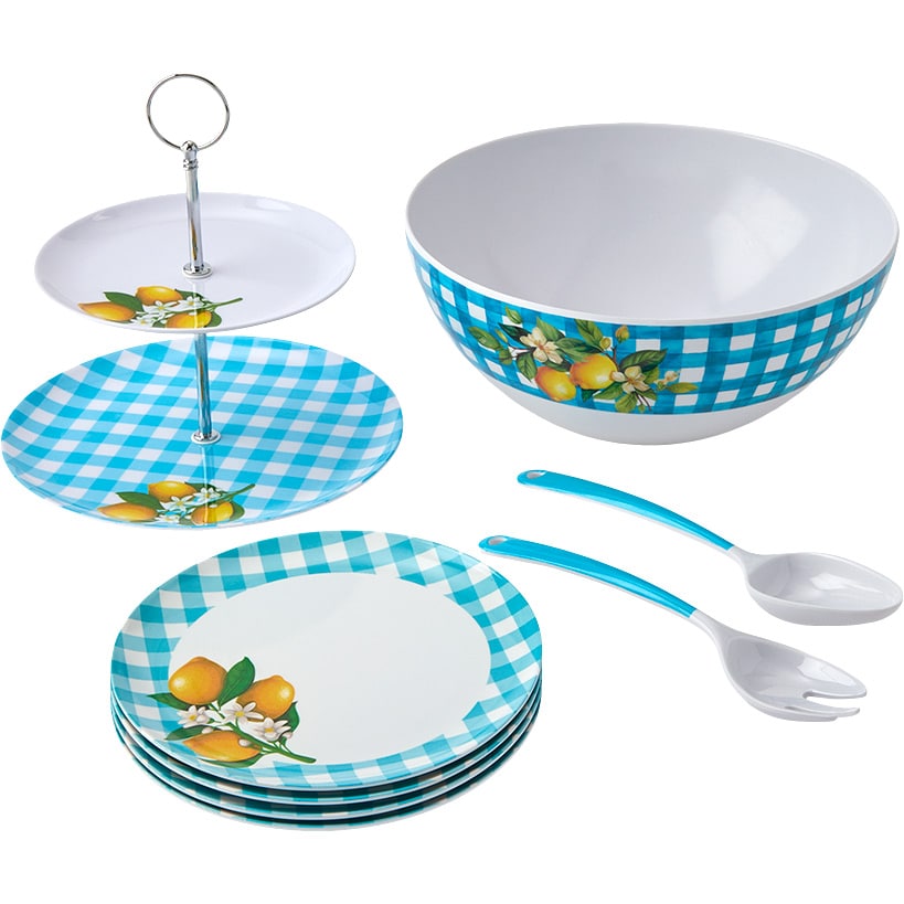 Citrus Chic Blue Plaid and Lemon Print 2-Tier Serving Tray