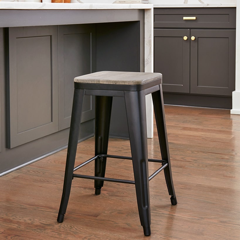Backless Metal Barstool with Wood Square Seat - 24"H or 30"H