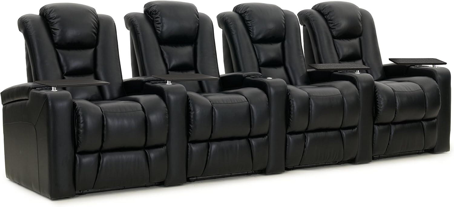 Black Bonded Leather Power Recline Row of 4 Home Theater Seats X162