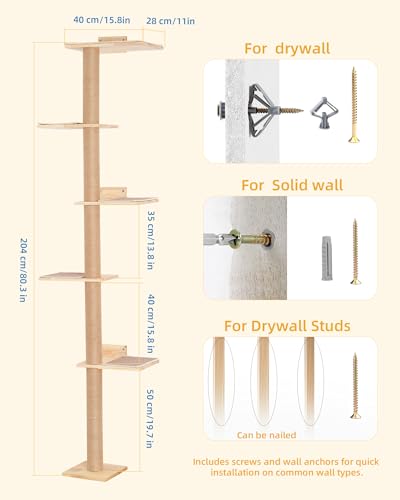 Tall Cat Tree with 15.8in Large Perch, 5 Tier Floor to Ceiling Cat Tower with Carpeted Mats, 80.3inch Cat Scratching Pole W634699