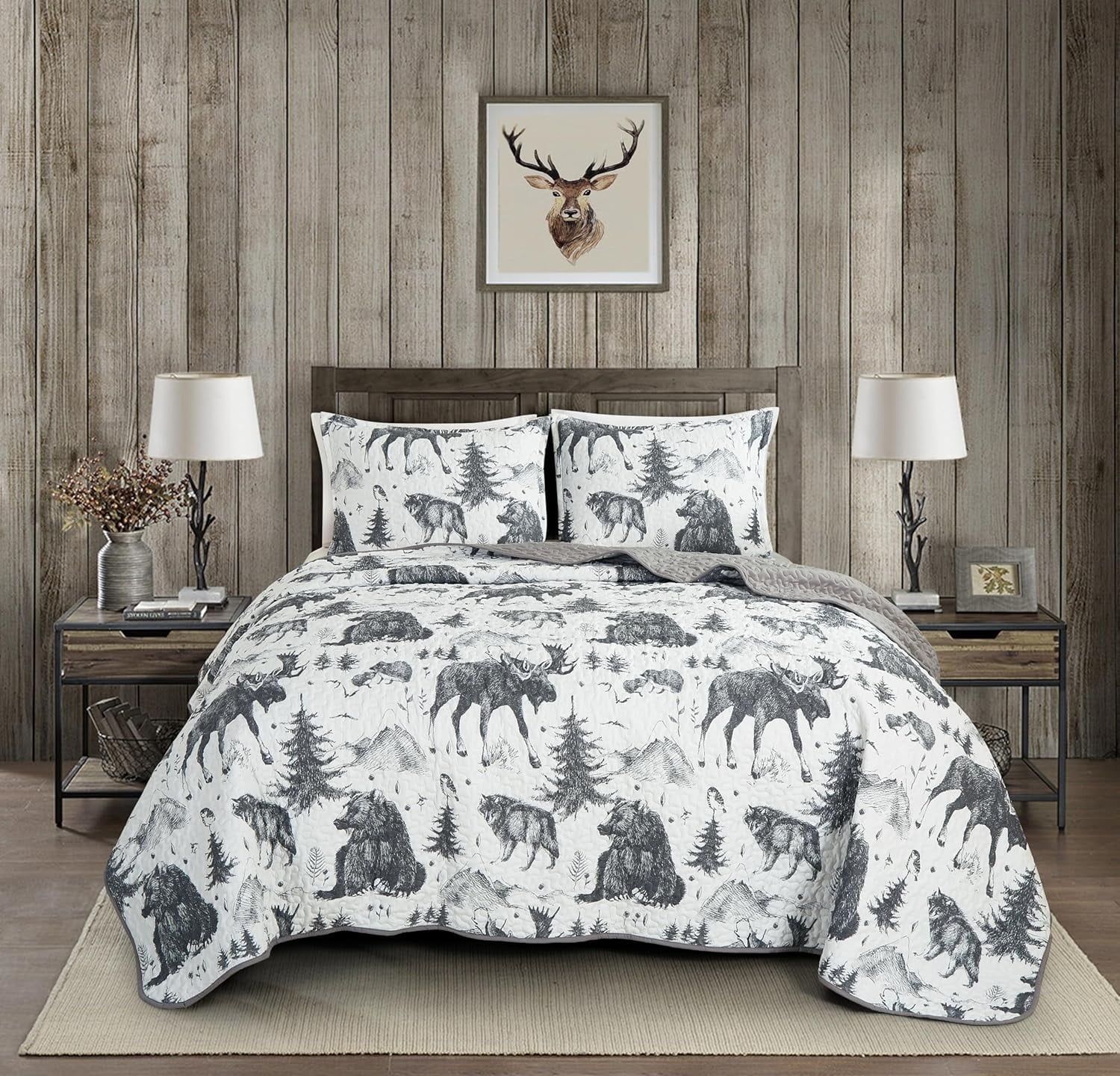 3-Piece King White Black Gray Microfiber Quilt Set X968673