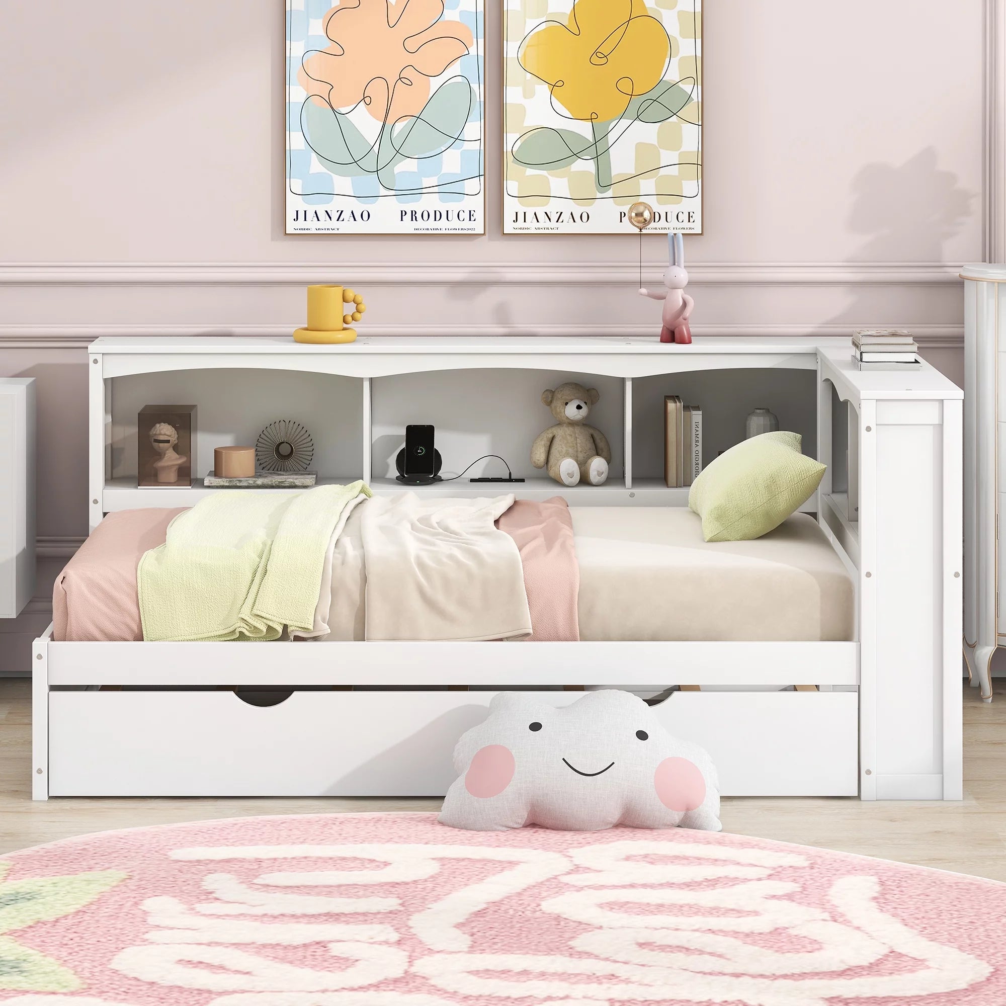 Twin over Twin Size Wood Daybed with Trundle and Storage Cabinets (White) B697879