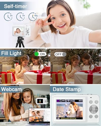 FHD 1080P Point and Shoot Kids Camera with 32GB Card, 2 Batteries, 16X Zoom Anti Shake Date Stamp, Pink G120