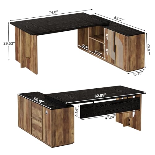 74.8" L Shaped Computer Desk with Shelves and CPU Storage, Black and Brown Y94297