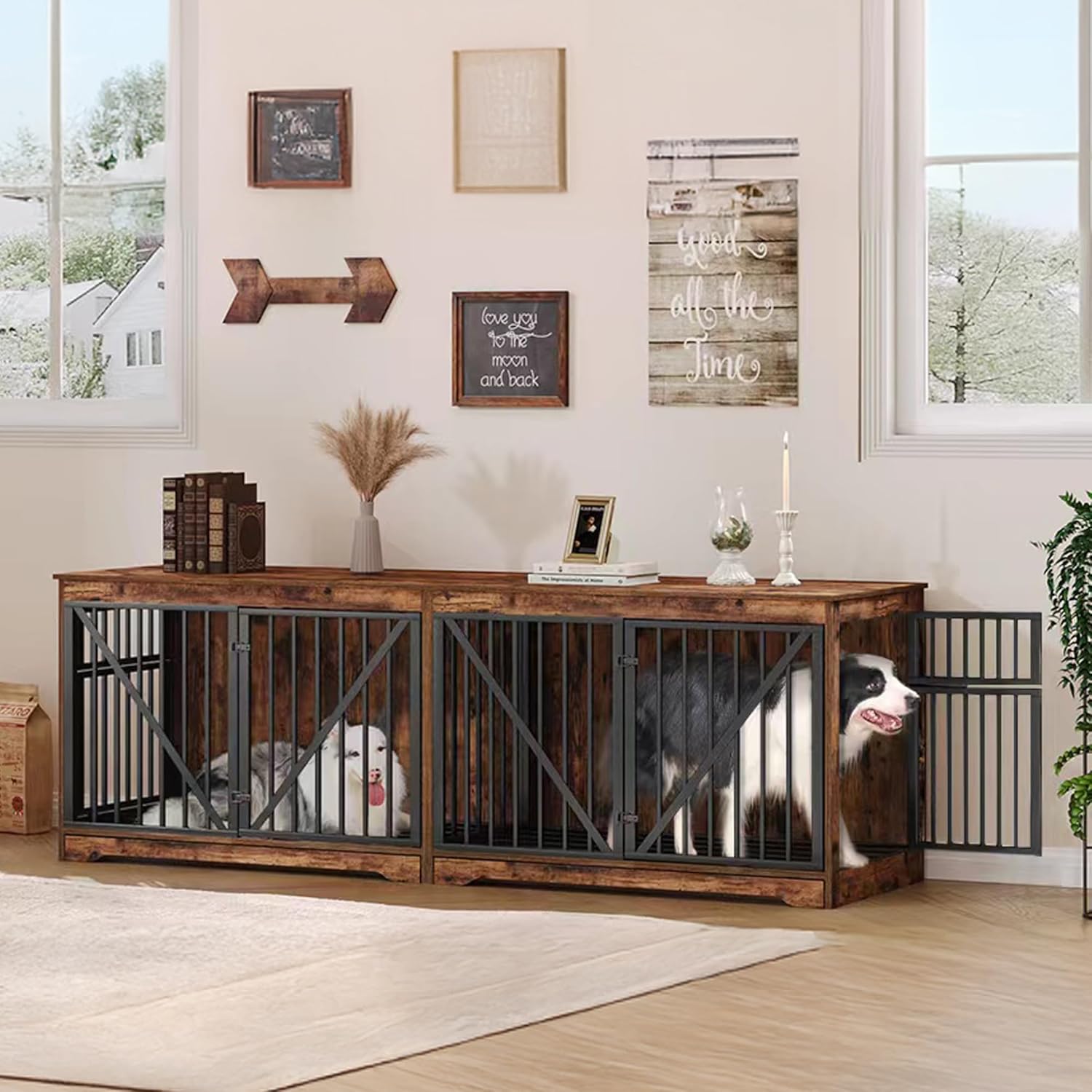 Brown Wood Dog Crate Furniture with Divider N94218