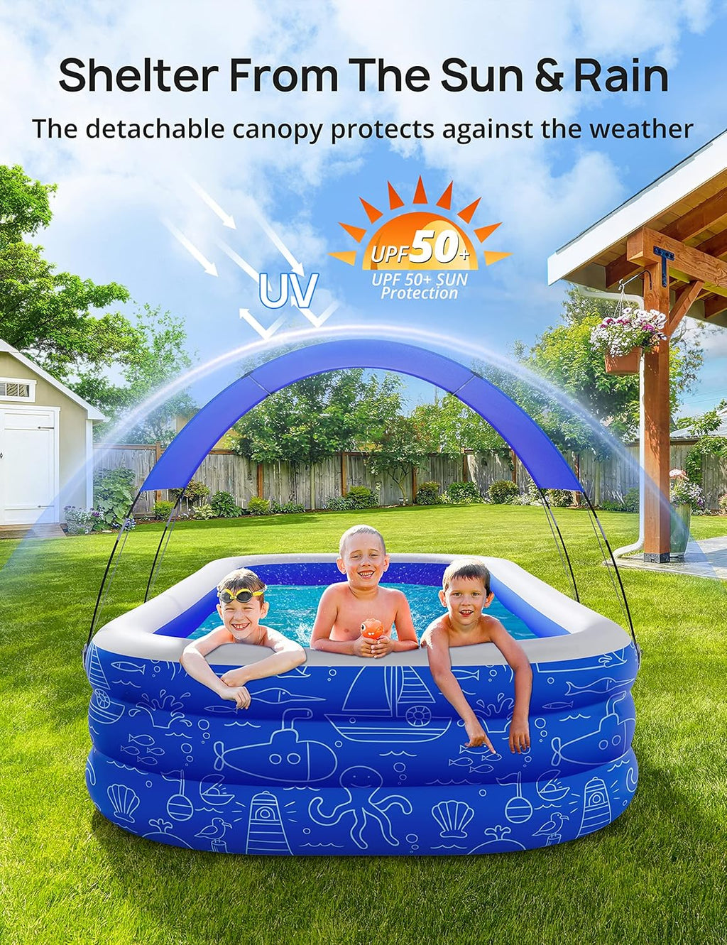 Blue Inflatable Pool with Canopy, 150” x 70” x 20” E772752