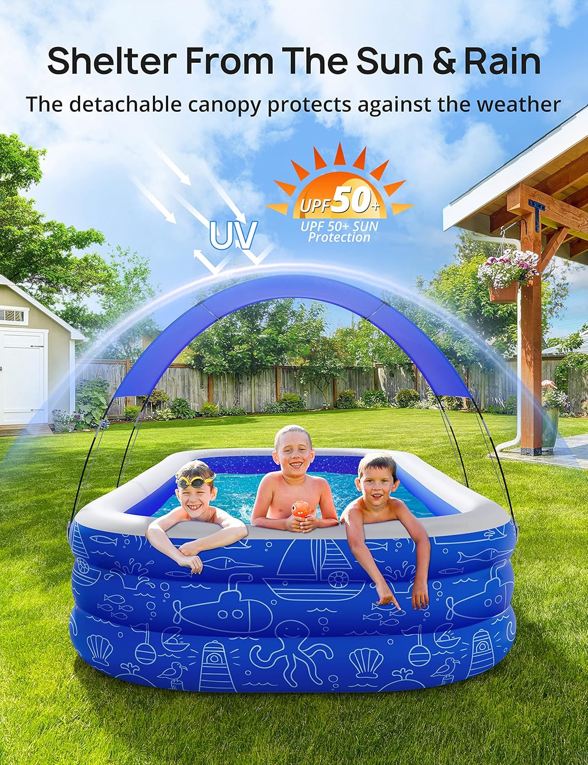 Blue Inflatable Pool with Canopy, 150” x 70” x 20” E772752