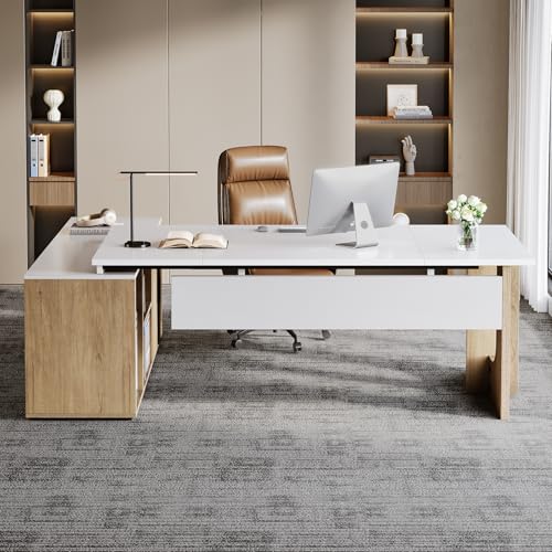 74.8" L Shaped Computer Desk with Shelves and CPU Storage, Black and Brown Y94297