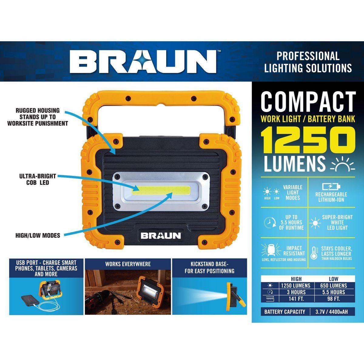 1250 Lumen LED Rechargeable Work Light U12535