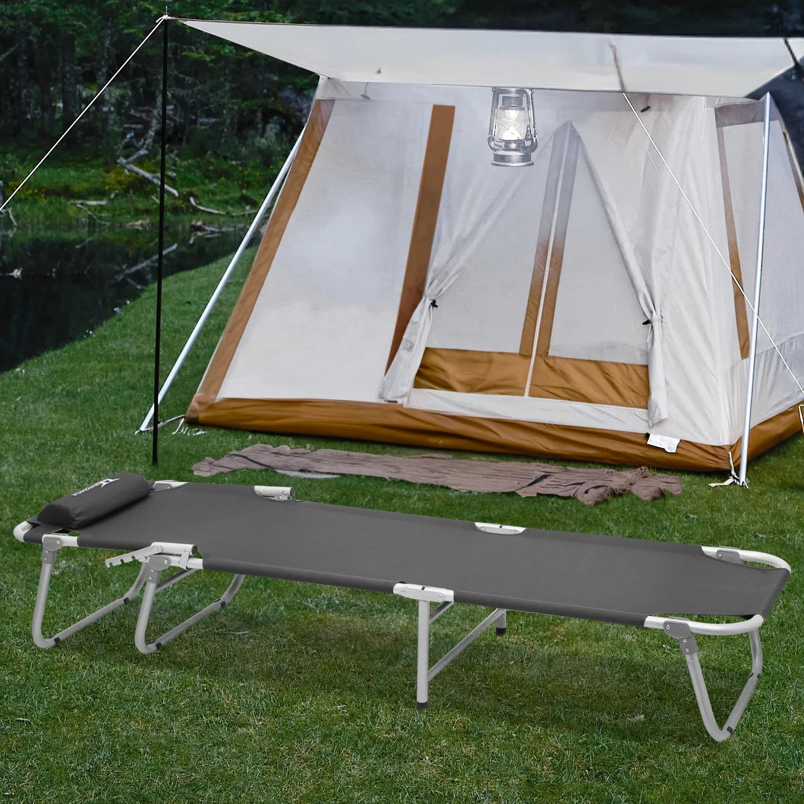 Black Portable Folding Camping Cot with Carry Bag and Pillow H770562
