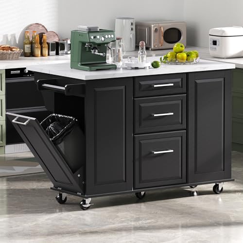 60" Kitchen Island with Drop Leaf and Power Outlet, Rolling Kitchen Cart with Trash Can Storage Cabinet A291679