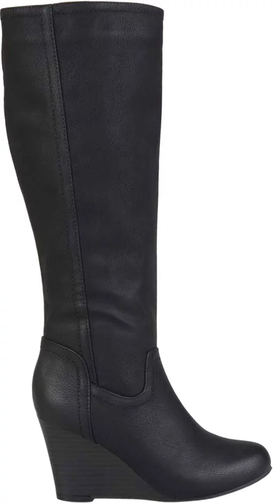Black Faux Leather Knee High Wedge Heel Boot W30197
