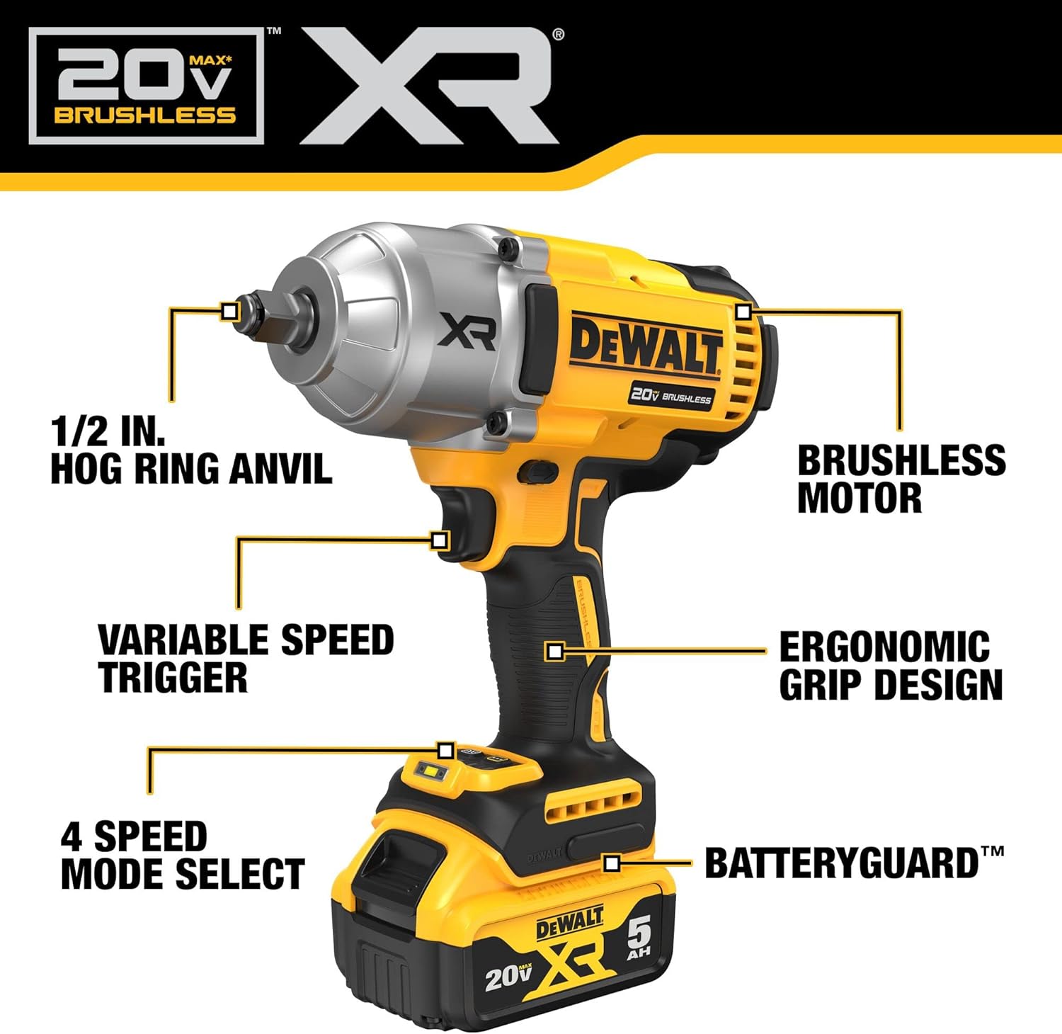 20V MAX Cordless Impact Wrench Kit, 1/2" Hog Ring B64978