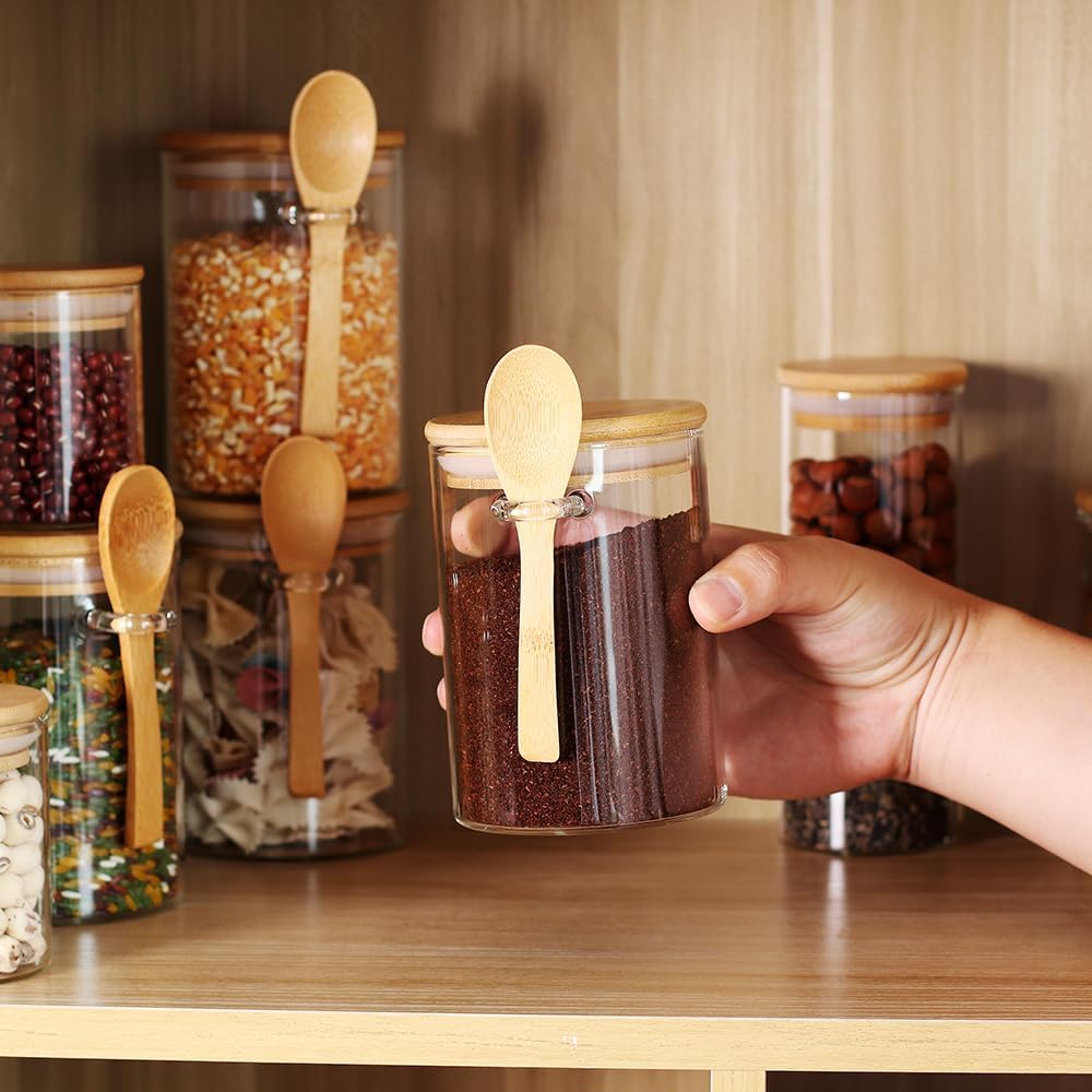 3 Pack 17 oz Glass Jars with Lids and Spoons and 3 Pack 6 oz Glass Spice Jars with Lids, Clear Glass Jars Set of 6 W9714