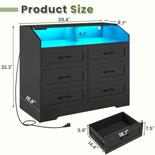 White 6 Drawers Wood Dresser with LED Lights and Charging Station C8955