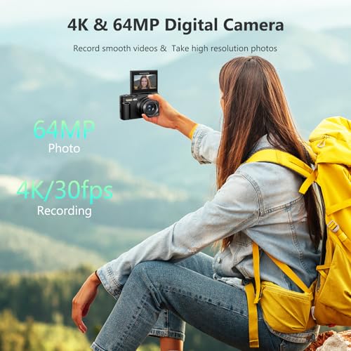 64MP Digital Camera with 3" 180° Flip Screen, 18X Digital Zoom, 32GB Micro SD Card (Black) G925546