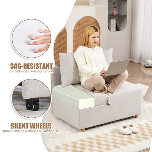 Beige 3-Seat Linen Fabric Convertible Sofa Bed with 2 Throw Pillows C38437