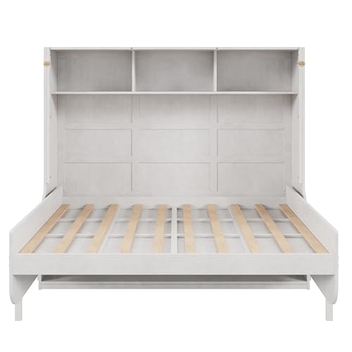 Antique White Solid Wood Full Size Murphy Bed with Desk and Storage Shelves E534828
